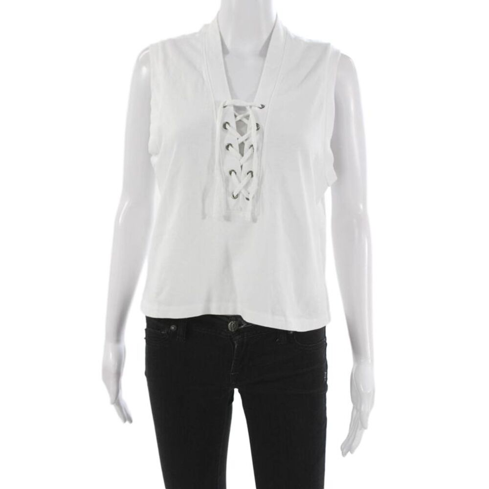 Amo Womens Basic Lace Up V-Neck Tank White 100% Cotton Sleeveless Size M